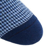 Load image into Gallery viewer, Navy and Sky Blue Houndstooth Fine Merino Wool Sock Linked Toe Mid-Calf | Dapper Classics
