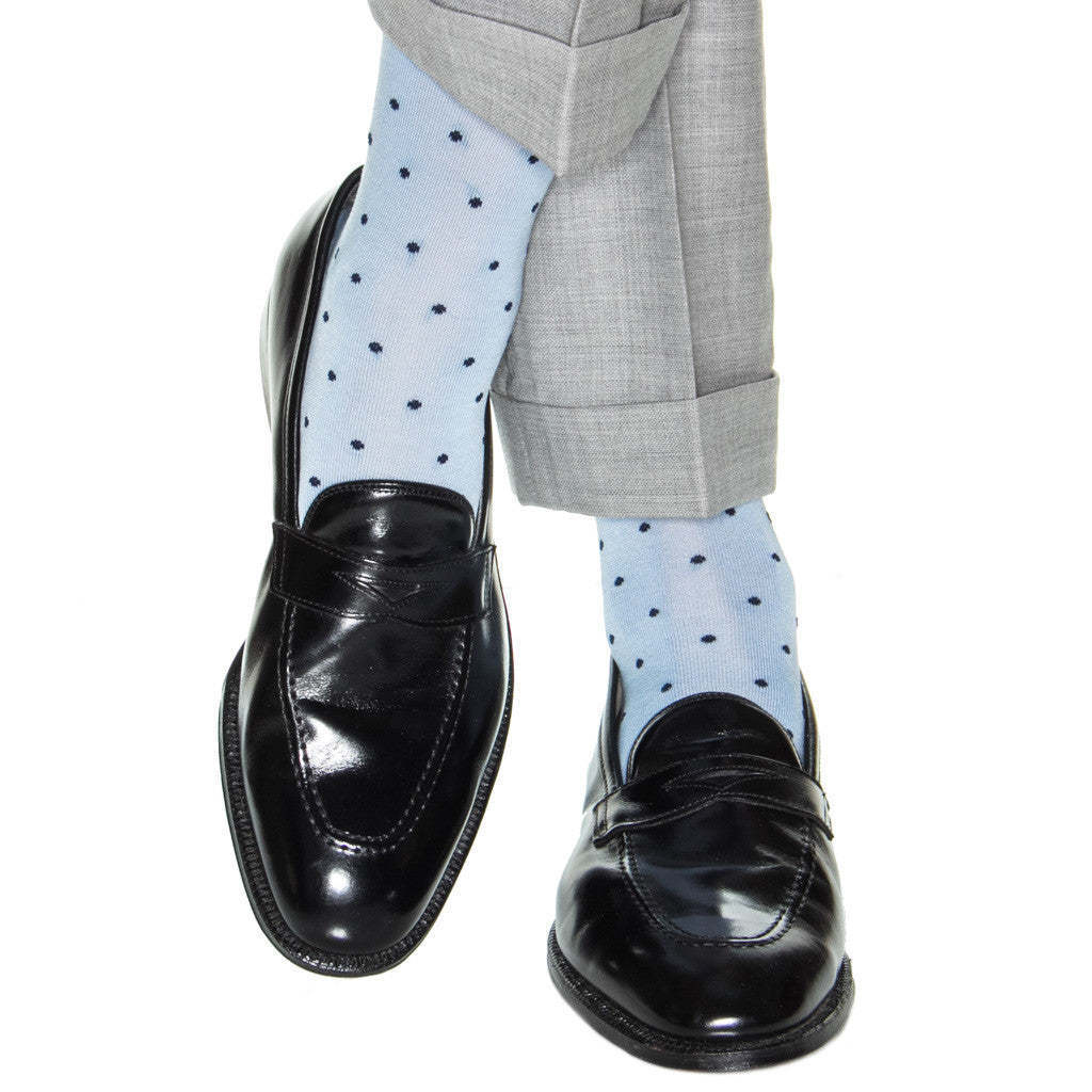 Sky Blue with Navy Dot Cotton Sock Linked Toe Mid-Calf | Dapper Classics