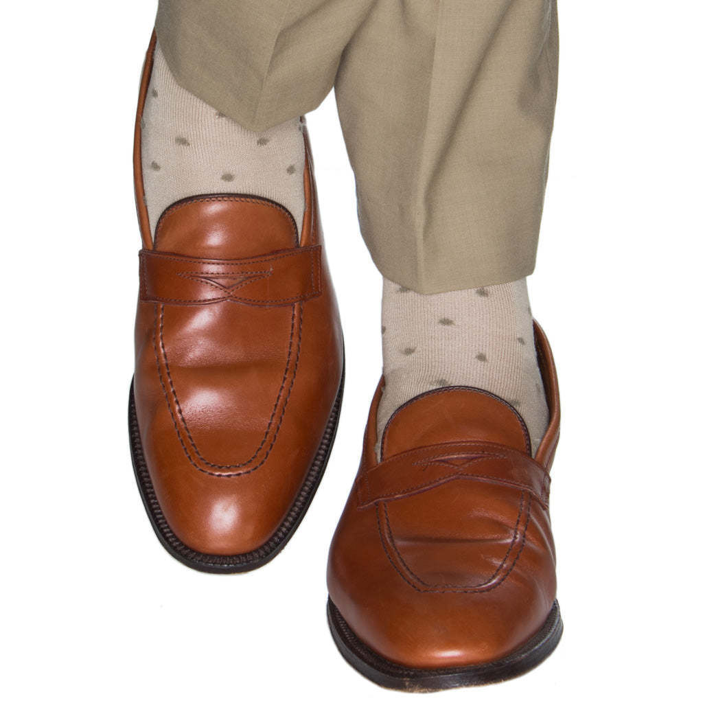 Tan with Taupe Dot Cotton Sock Linked Toe Mid-Calf | Dapper Classics