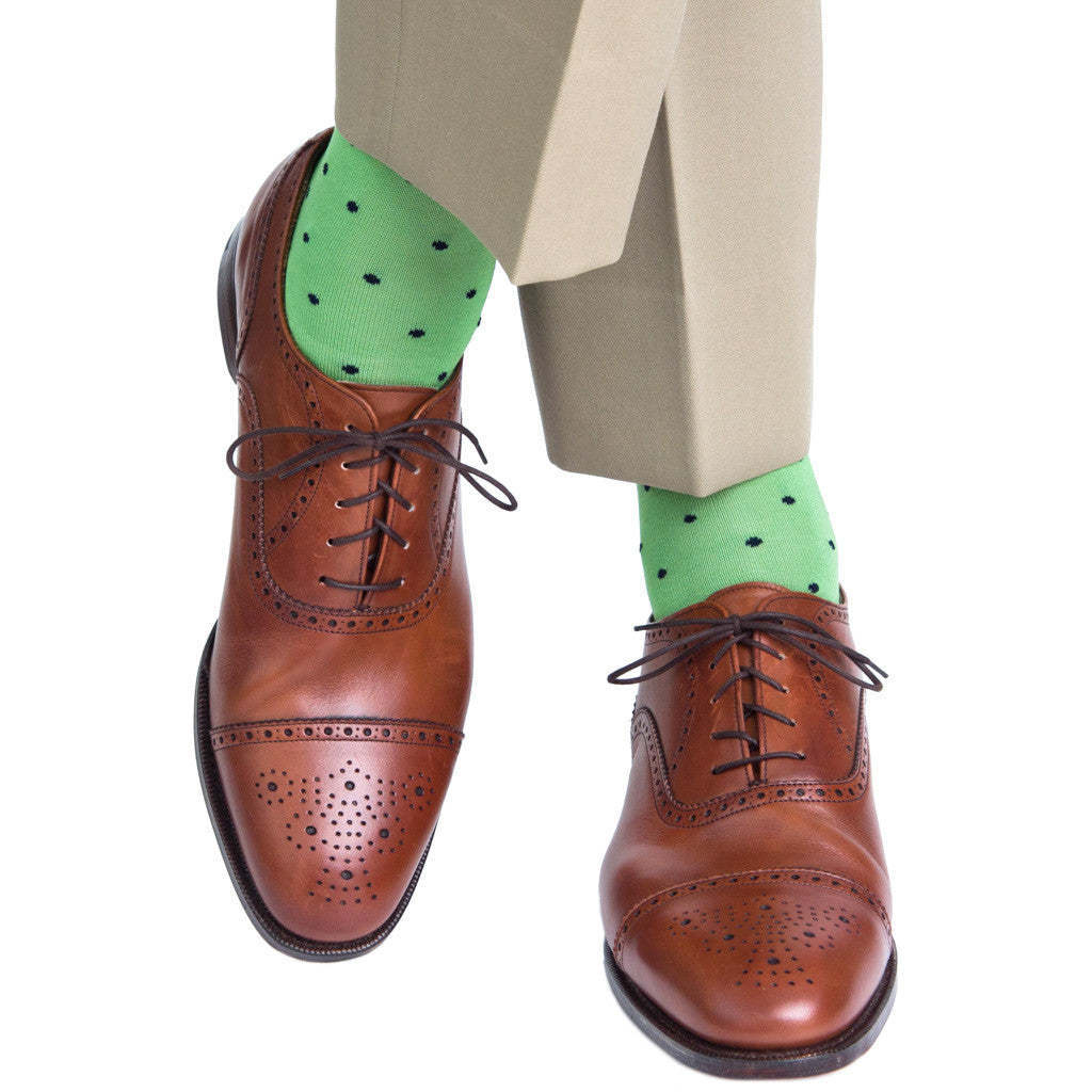 Green with Navy Dot Cotton Sock Linked Toe Mid-Calf | Dapper Classics