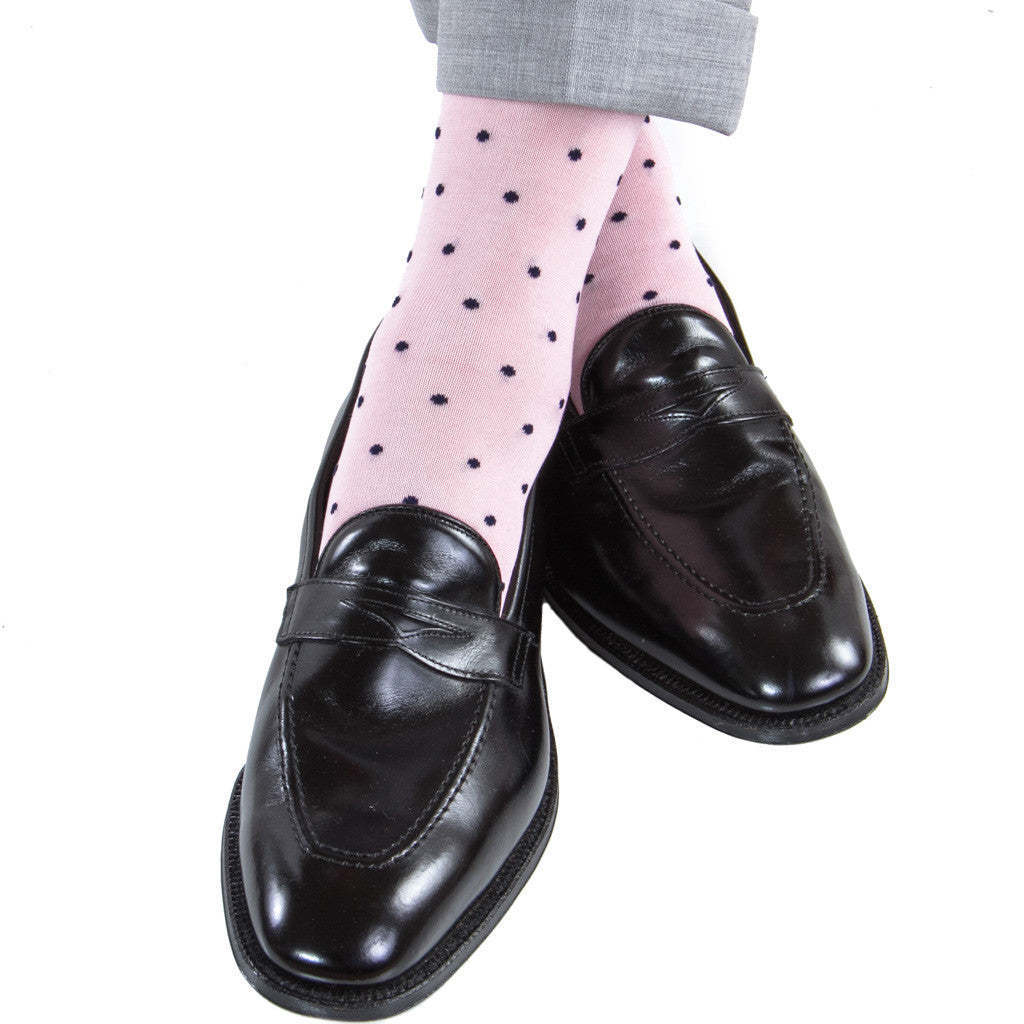 Pink and Navy Dot Cotton Sock Linked Toe Mid-Calf | Dapper Classics