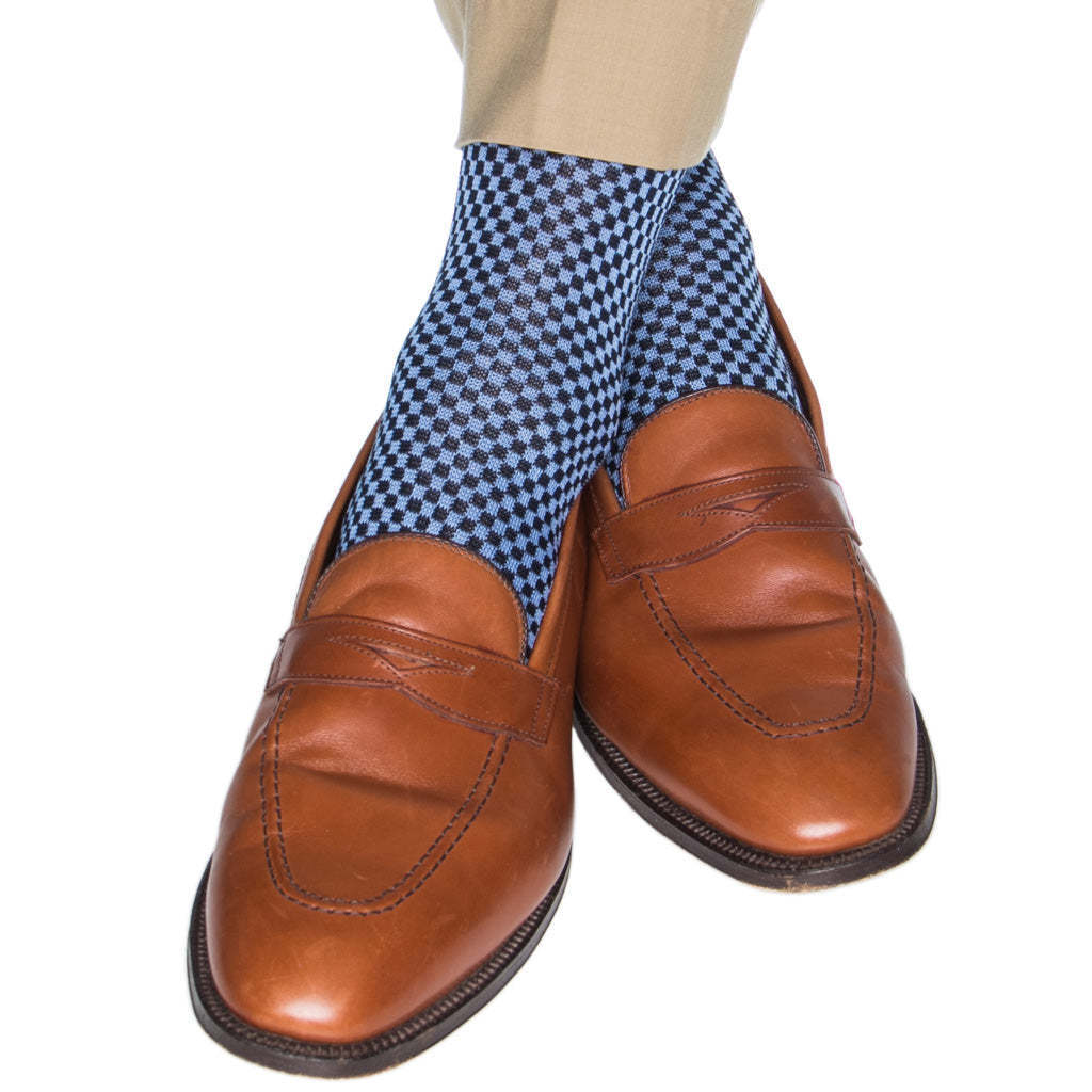 Navy with Azure Blue Mini Jacquard Cotton Sock Linked Toe Mid-Calf | Dapper Classics