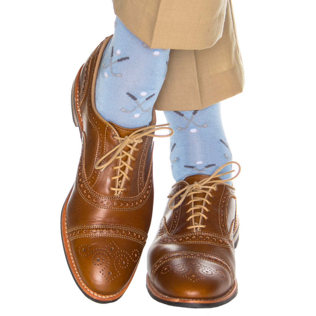 Sky Blue with Steel Gray and Ash/White Golf Club and Ball Cotton Sock Linked Toe Mid-Calf | Dapper Classics