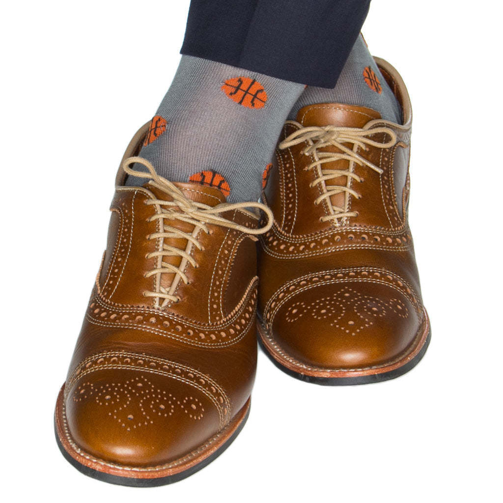 Steel Gray with Tigerlily Orange Basketball Cotton Sock Linked Toe Mid-Calf | Dapper Classics