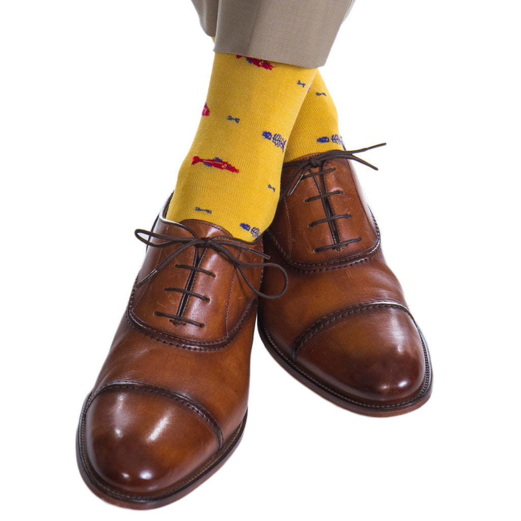 Yolk with Red, Clematis Blue, Sky Blue Bone Fish Cotton Sock Linked Toe Mid-Calf | Dapper Classics