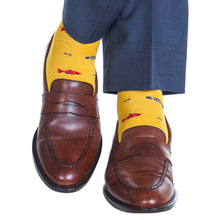 Load image into Gallery viewer, Yolk with Red, Clematis Blue, Sky Blue Bone Fish Cotton Sock Linked Toe Mid-Calf | Dapper Classics
