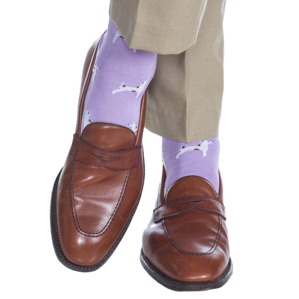 Lavender with White and Brown Dog Cotton Sock Linked Toe Mid-calf | Dapper Classics