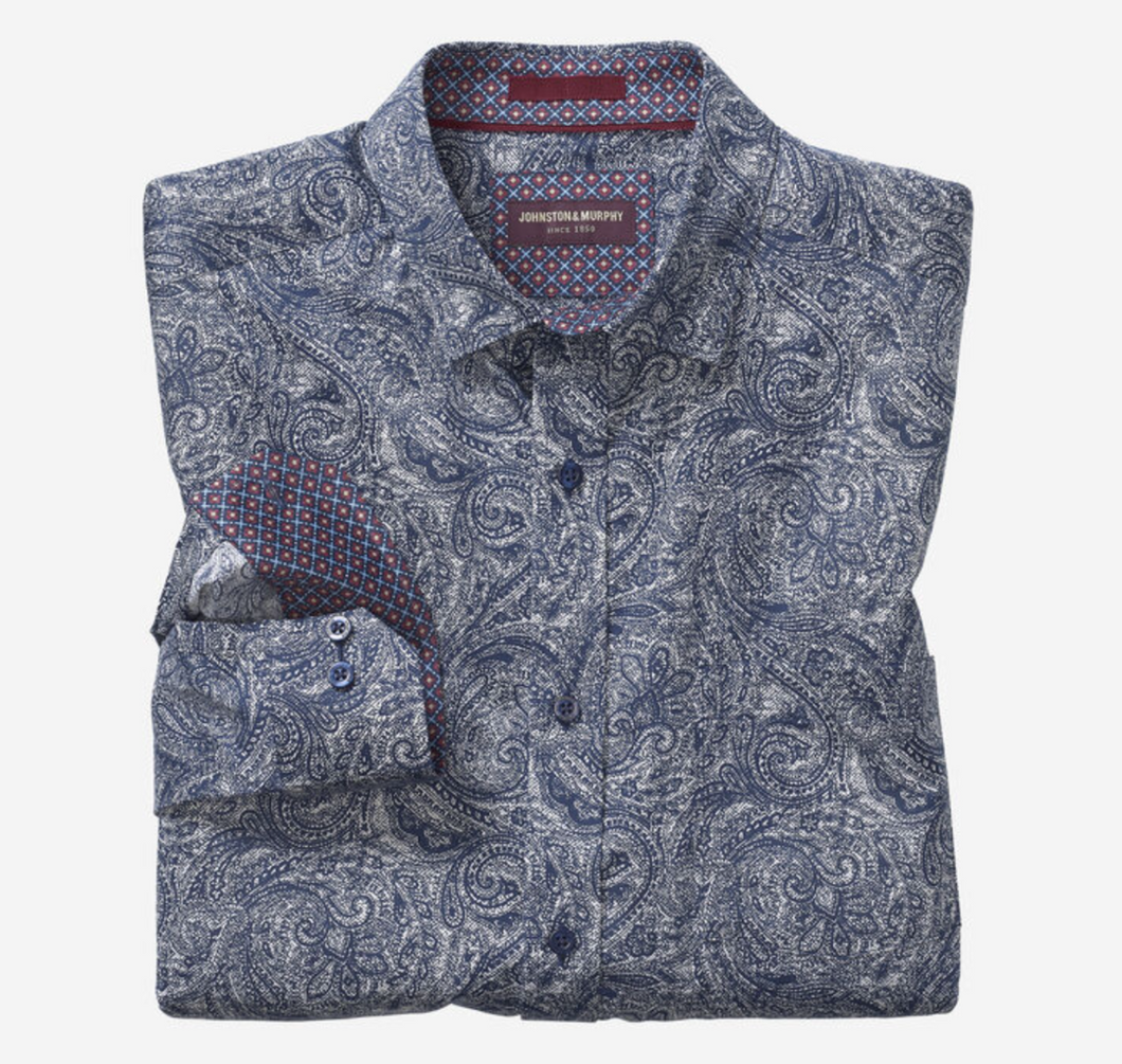 Printed Cotton Shirt - Navy Tonal Paisley | Johnston & Murphy